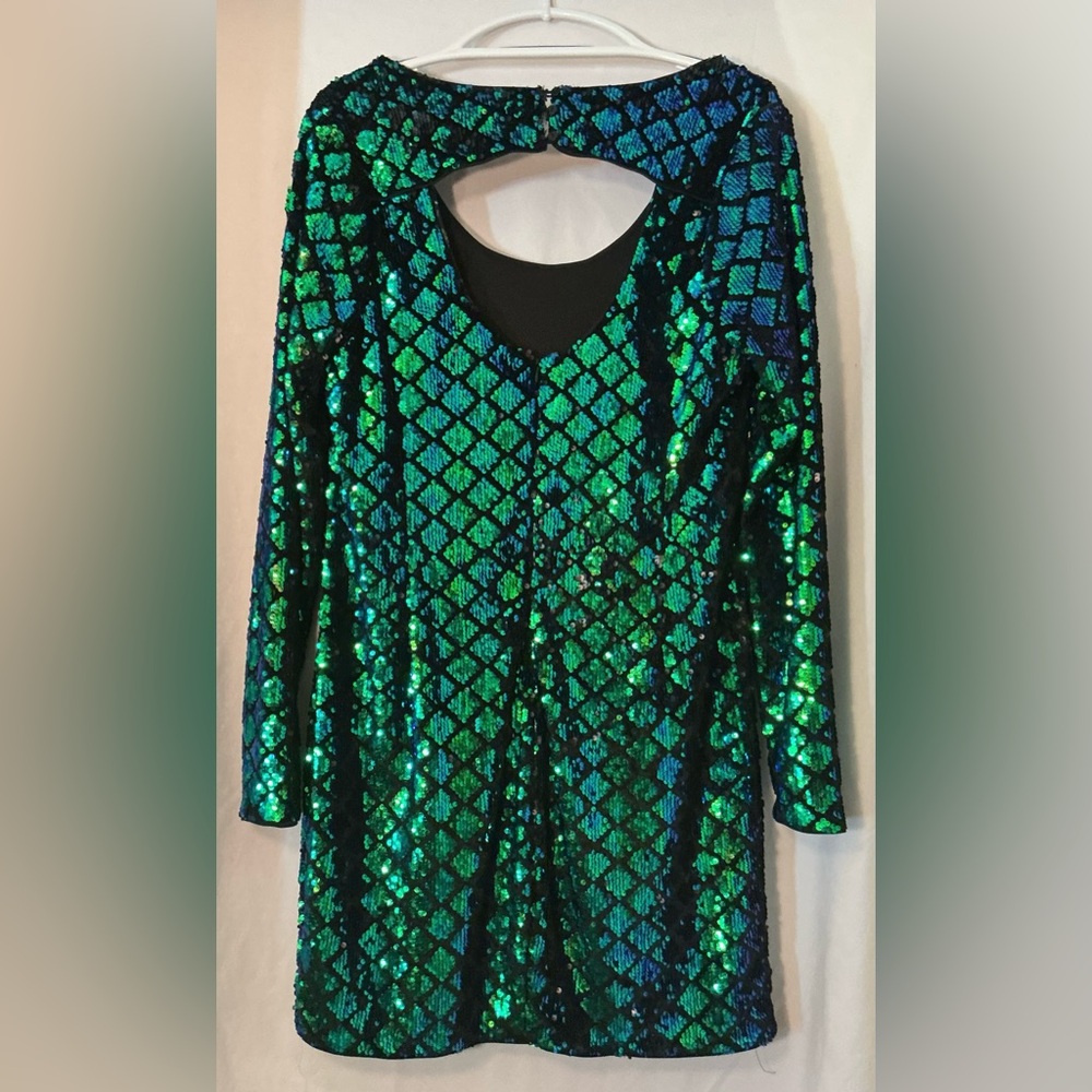 Forever 21+ Emerald Green & Black Sequin Long-Sleeve Shift Dress - Picture 5 of 6